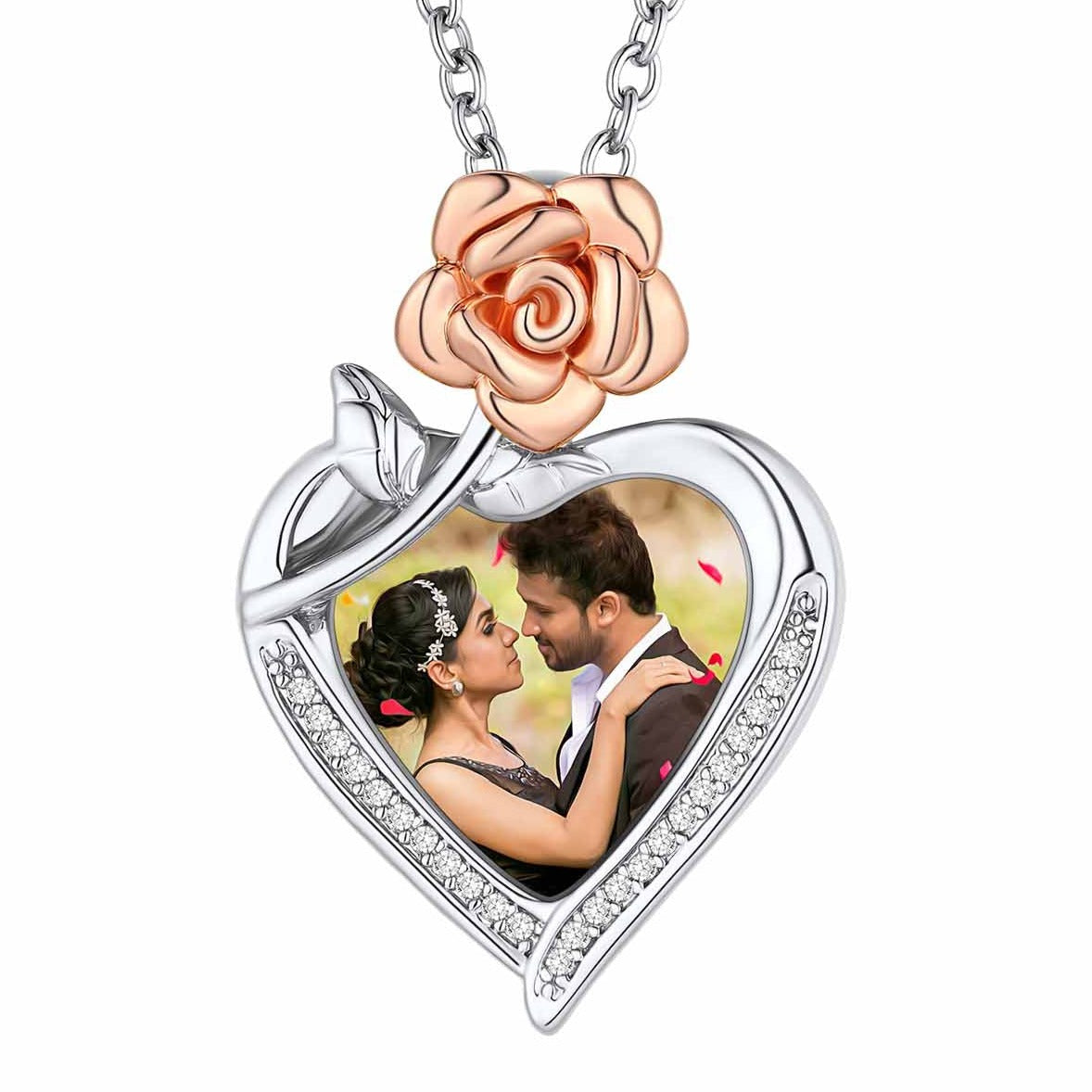 Custom4U Customized Rose Heart Photo Necklace-Silver