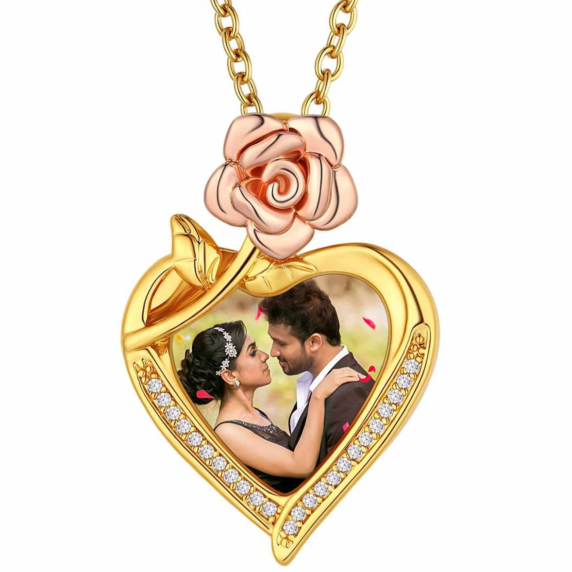 Custom4U Customized Rose Heart Photo Necklace-Gold Plated