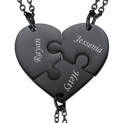 Black Personalized 3 Puzzle Heart  Necklaces