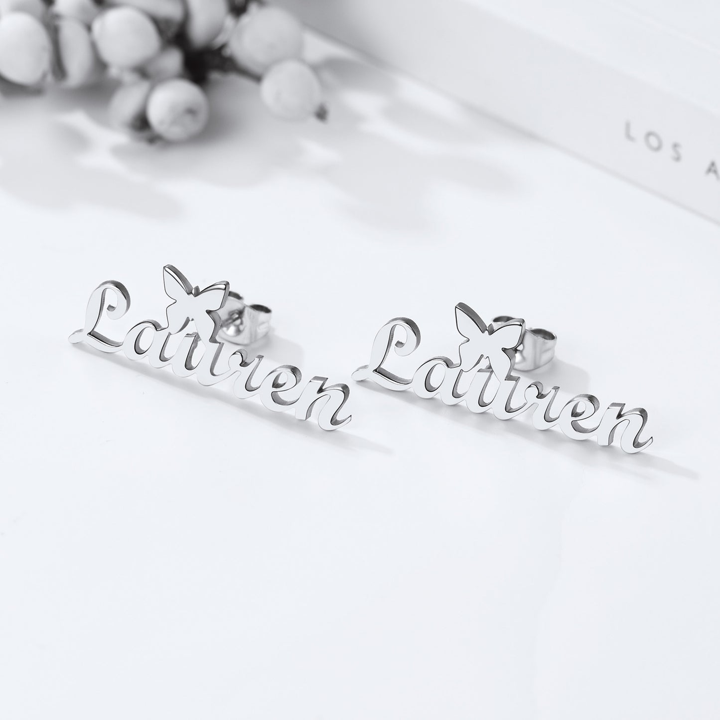 Custom4U Personalized Butterfly Name Stud Earrings-Steel