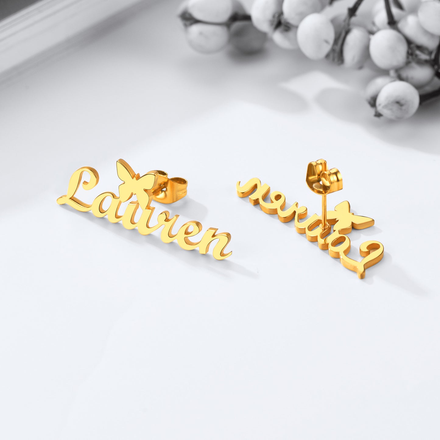 Custom4U Personalized Butterfly Name Stud Earrings-Gold