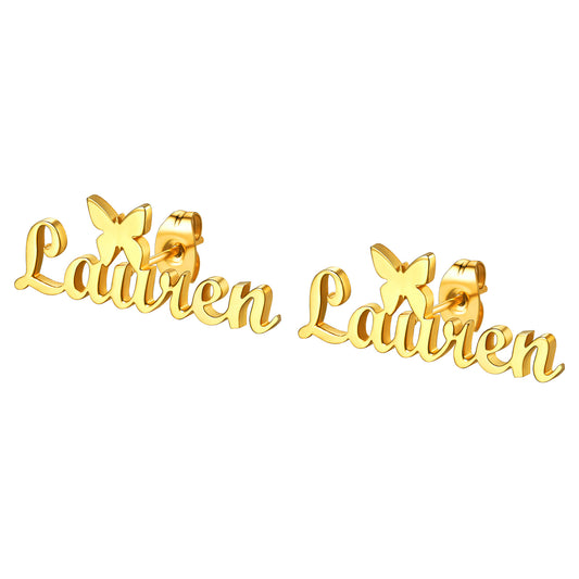 Custom4U Personalized Butterfly Name Stud Earrings-Gold Plated