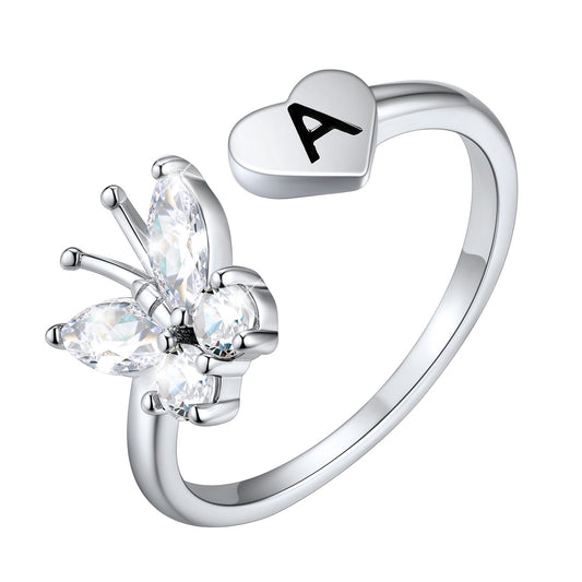 Custom4U Personalized Butterfly Initial Ring for Women