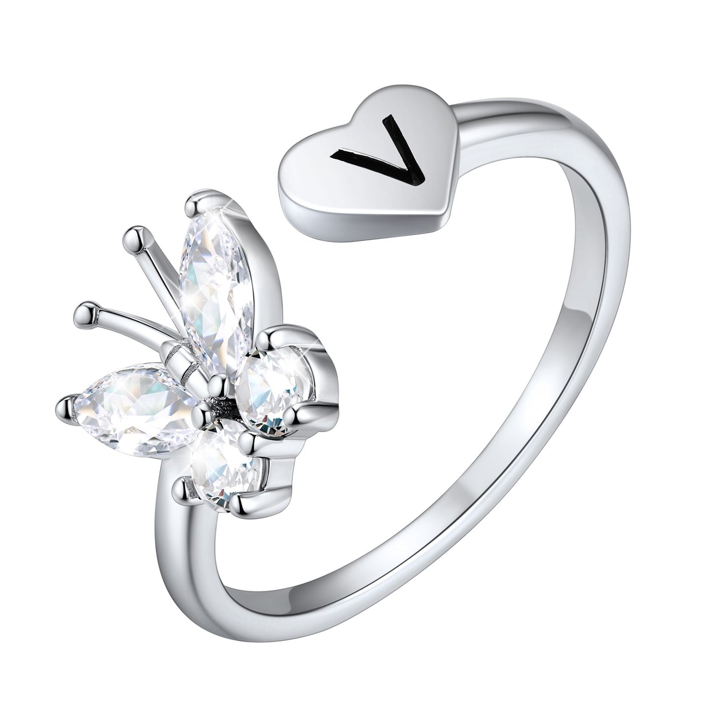 Custom4U Personalized Butterfly Initial Ring for Women V