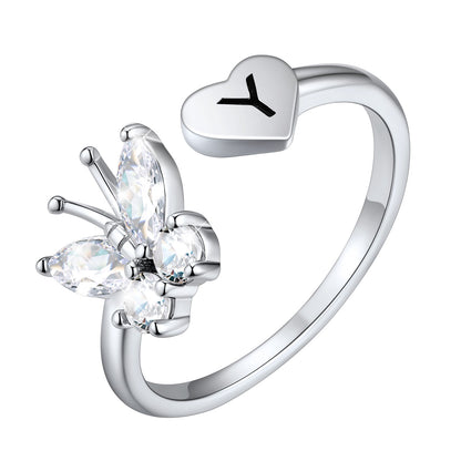 Custom4U Personalized Butterfly Initial Ring for Women Y