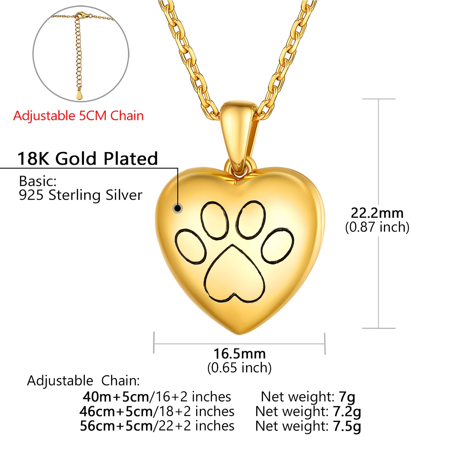 Custom4U Customized Heart Dog Paw Locket Picture Necklace-Dimension figure