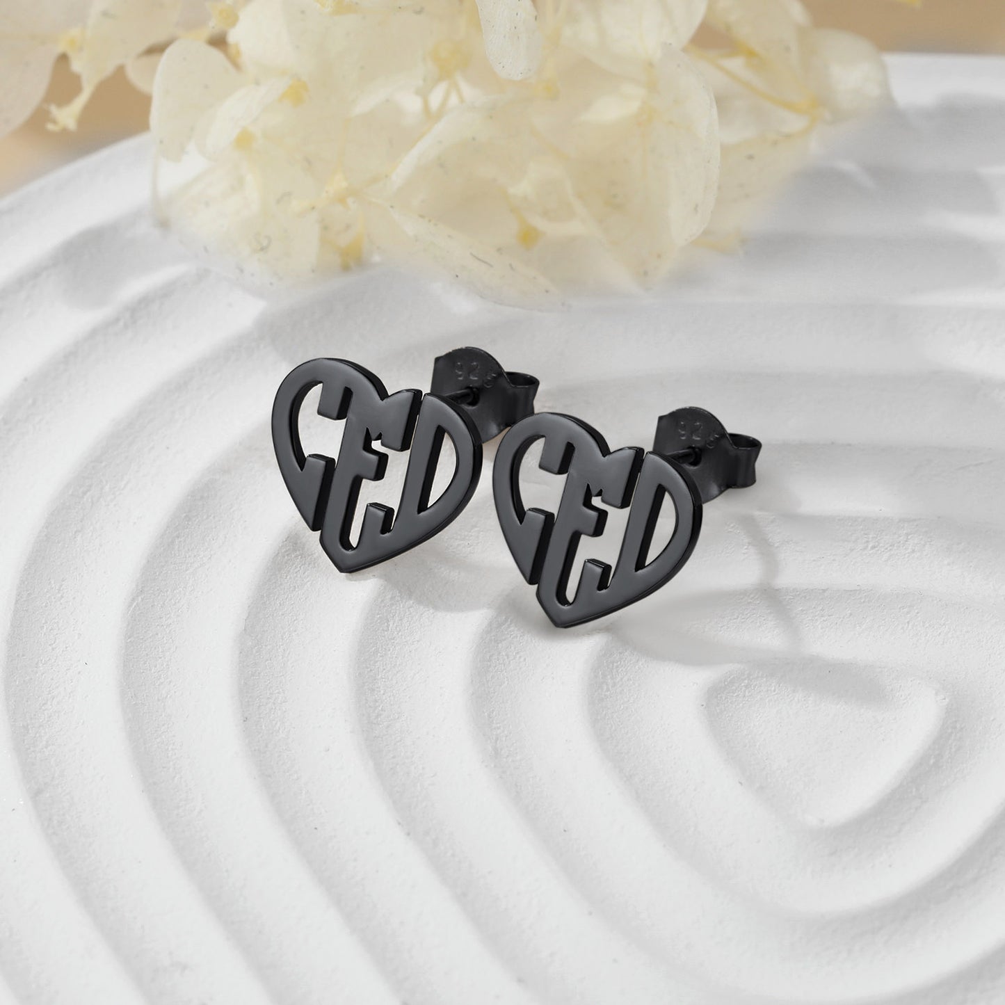 Custom4U Black Plated Heart Initials Letters Stud Earrings