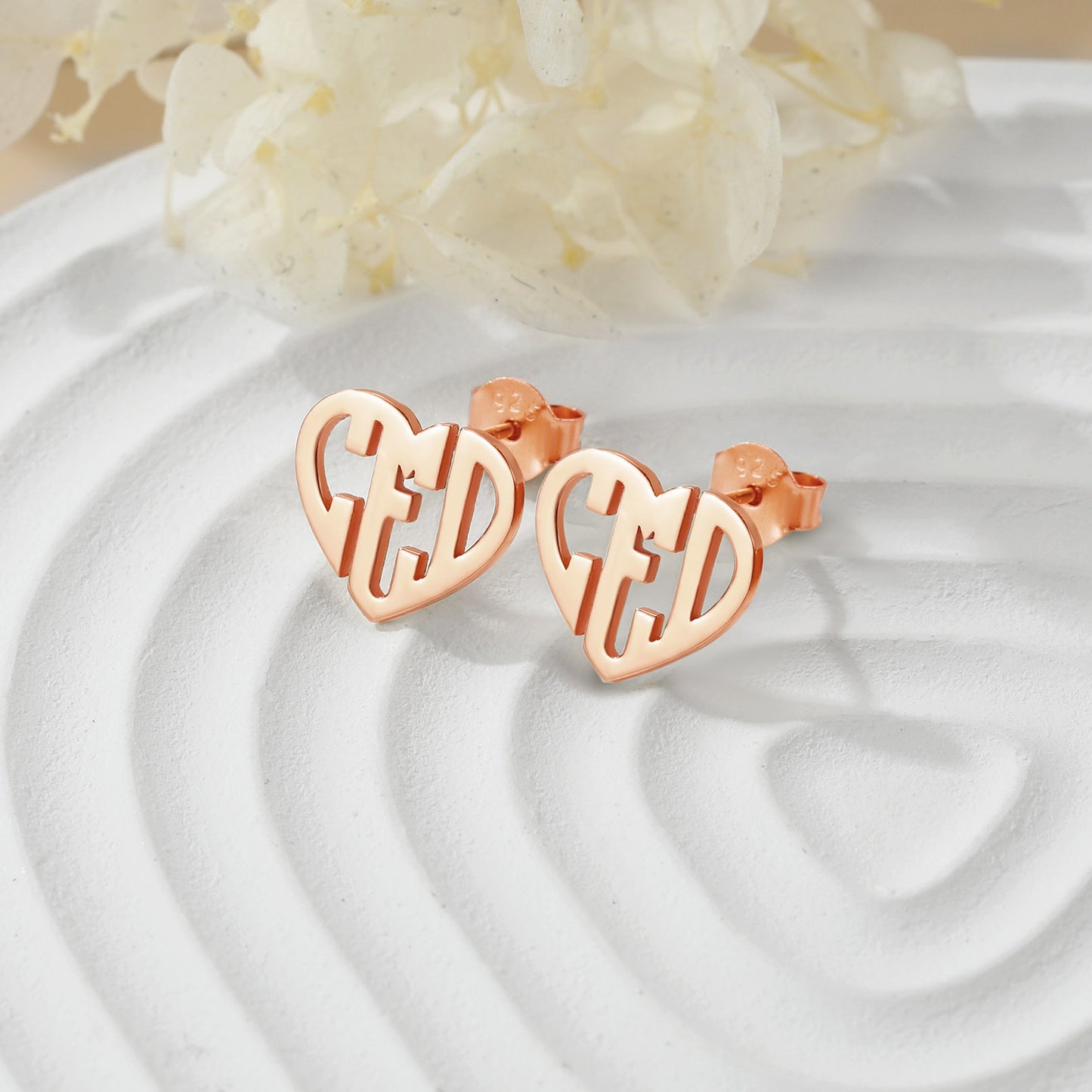 Custom4U Rose Gold Heart Initials Letters Stud Earrings