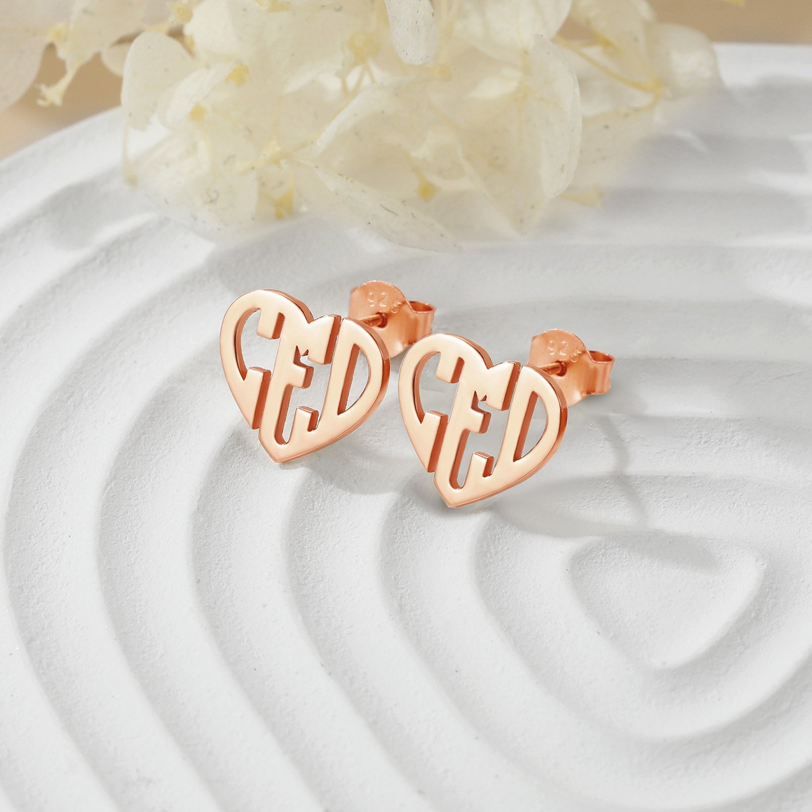 Custom4U Rose Gold Heart Initials Letters Stud Earrings
