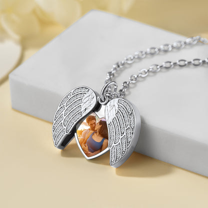 Custom4U Personalized Angel Wings Heart Locket Photo Necklace-Steel