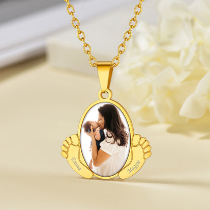 Custom4U Customized Oval Baby Feet Picture Necklace with Names-Gold Plated