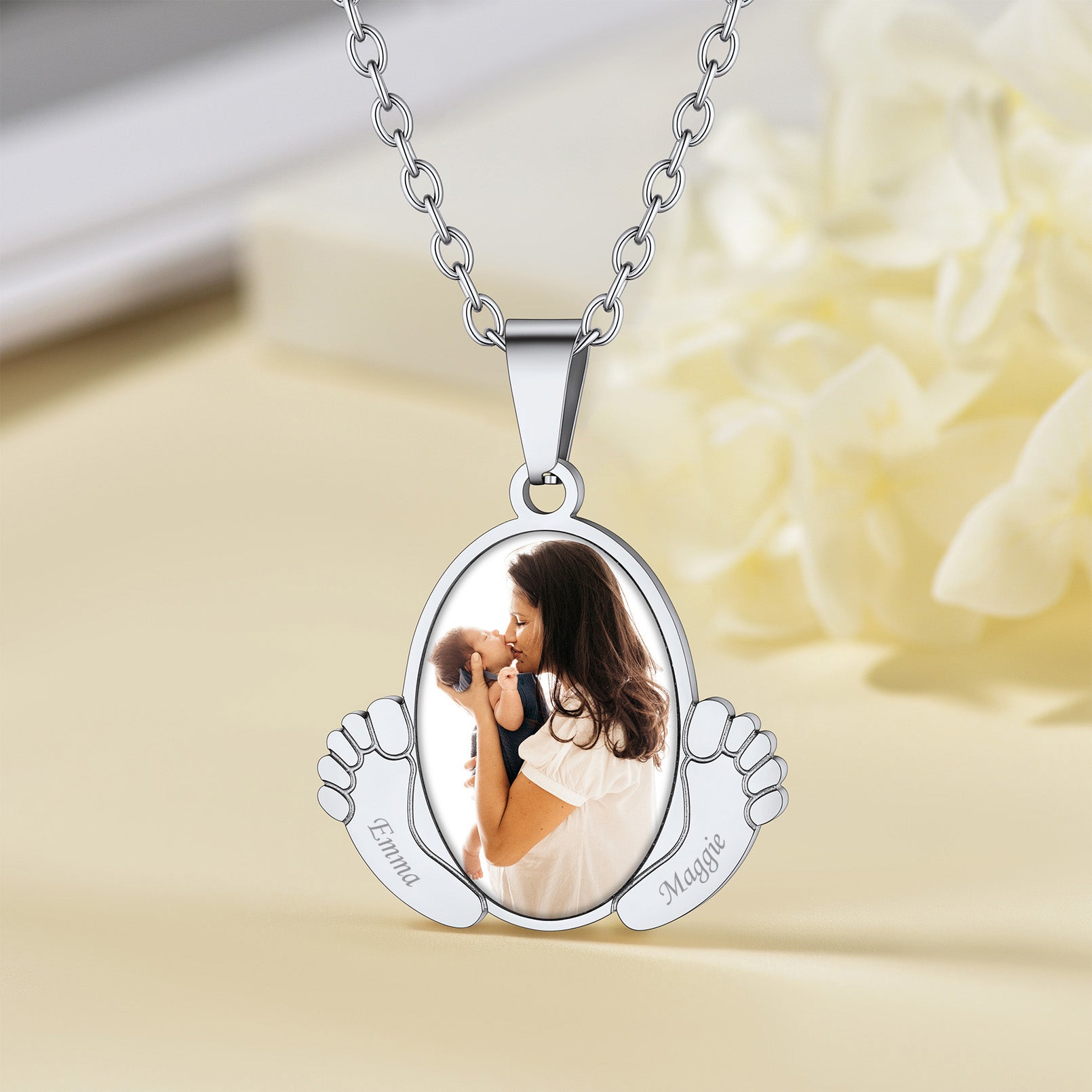 Custom4U Customized Oval Baby Feet Picture Necklace-Steel